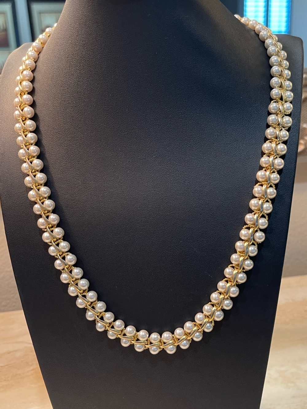 VTG Double Strand Woven Faux Pearl & Gold Chain Ladder Choker Necklace